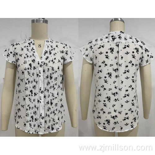 Women Woven Chiffon Print Pleated Blouse